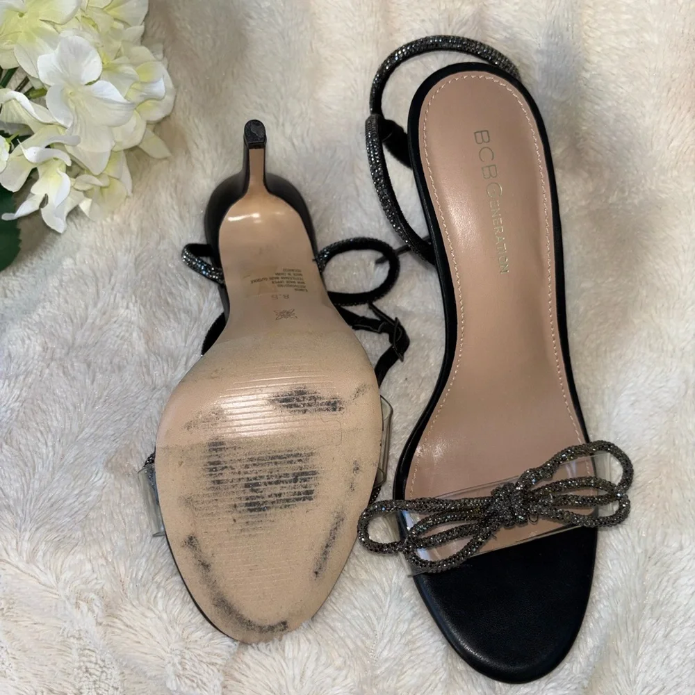 BCBGeneration Black Crystal Bow Ankle-Strap Heels size 8.5